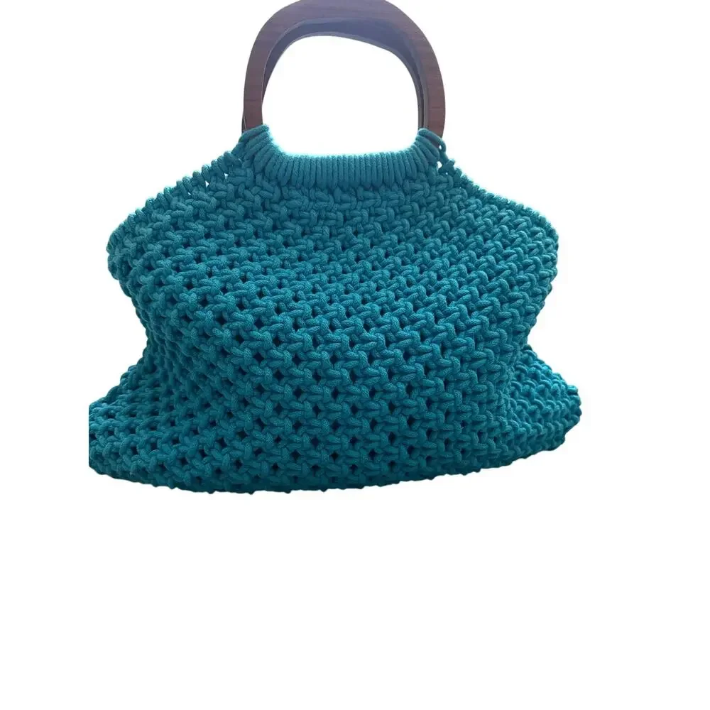Urban Outfitters Turquoise Crochet Tote Wooden Handles NWT Macrame Knit Handbag